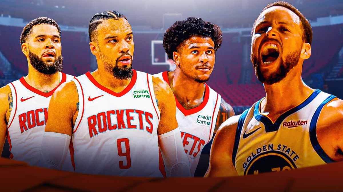 Warriors' Stephen Curry hyped up, with Rockets' Fred VanVleet, Dillon Brooks, and Jalen Green staring at him