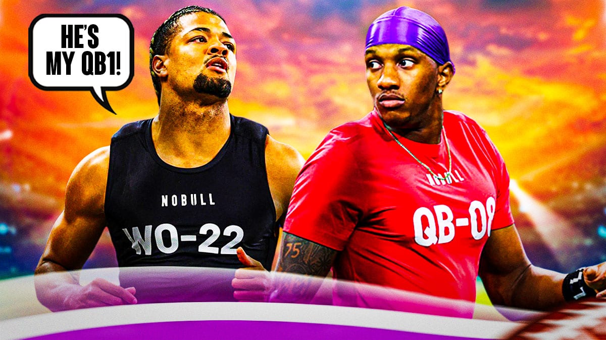 University of Washington wide receiver Rome Odunze with University of Washington QB Michael Penix Jr. Odunze has a speech bubble that says “He’s my QB1!” They are next to a logo for the 2024 NFL Draft.