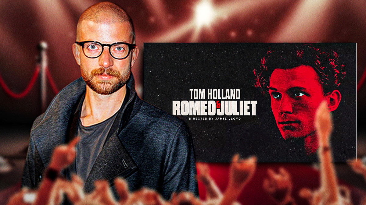 Director Jamie Lloyd and a poster from Romeo & Juliet.