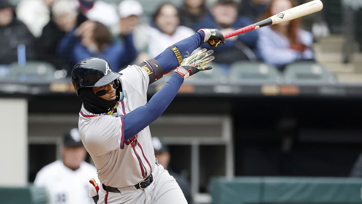 Atlanta Braves right fielder Ronald Acuna Jr. (13) grounds into a force out against the Chicago White Sox during the third inning at Guaranteed Rate Field.