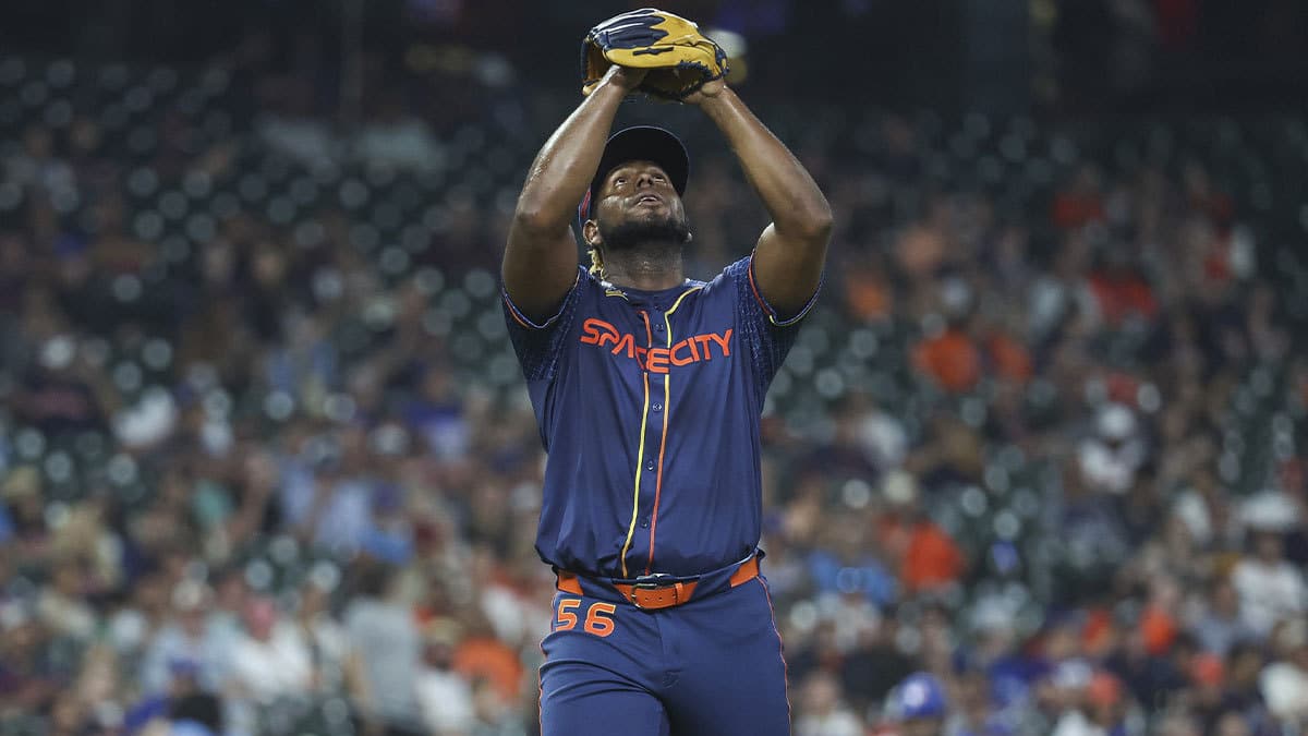 Houston Astros starting pitcher Ronel Blanco (56) reacts after getting a strikeout during the fourth inning against the Toronto Blue Jays at Minute Maid Park
