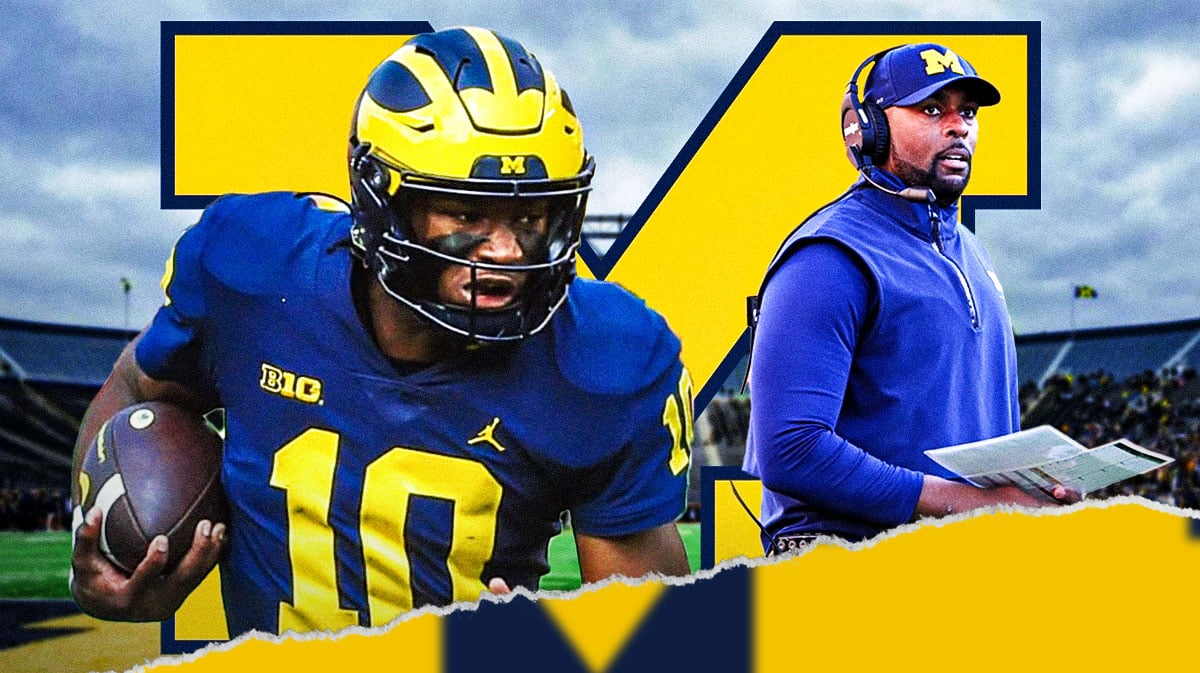 Alex Orji and Sherrone Moore together with Michigan logo in background.