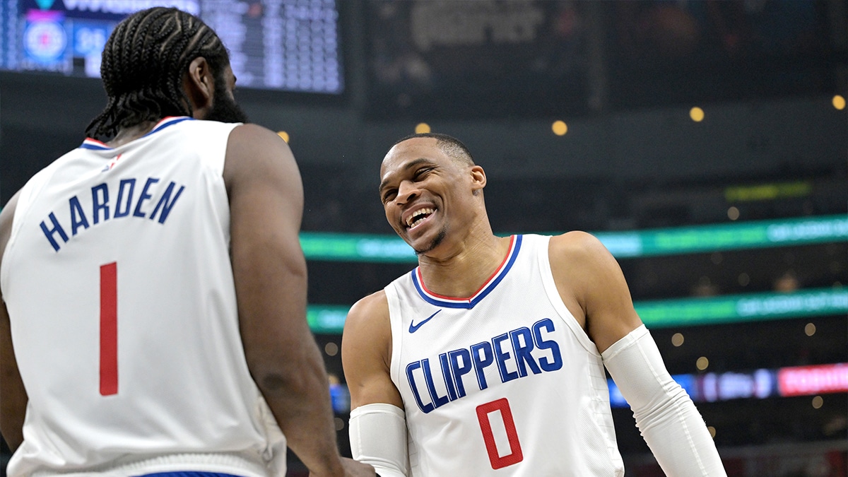 2024 NBA free agent Russell Westbrook celebrating with James Harden