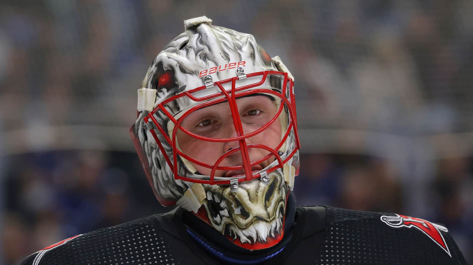 Buffalo Sabres goaltender Ukko-Pekka Luukkonen (1) during a stoppage in play against the Toronto Maple Leafs during the third period at KeyBank Center.