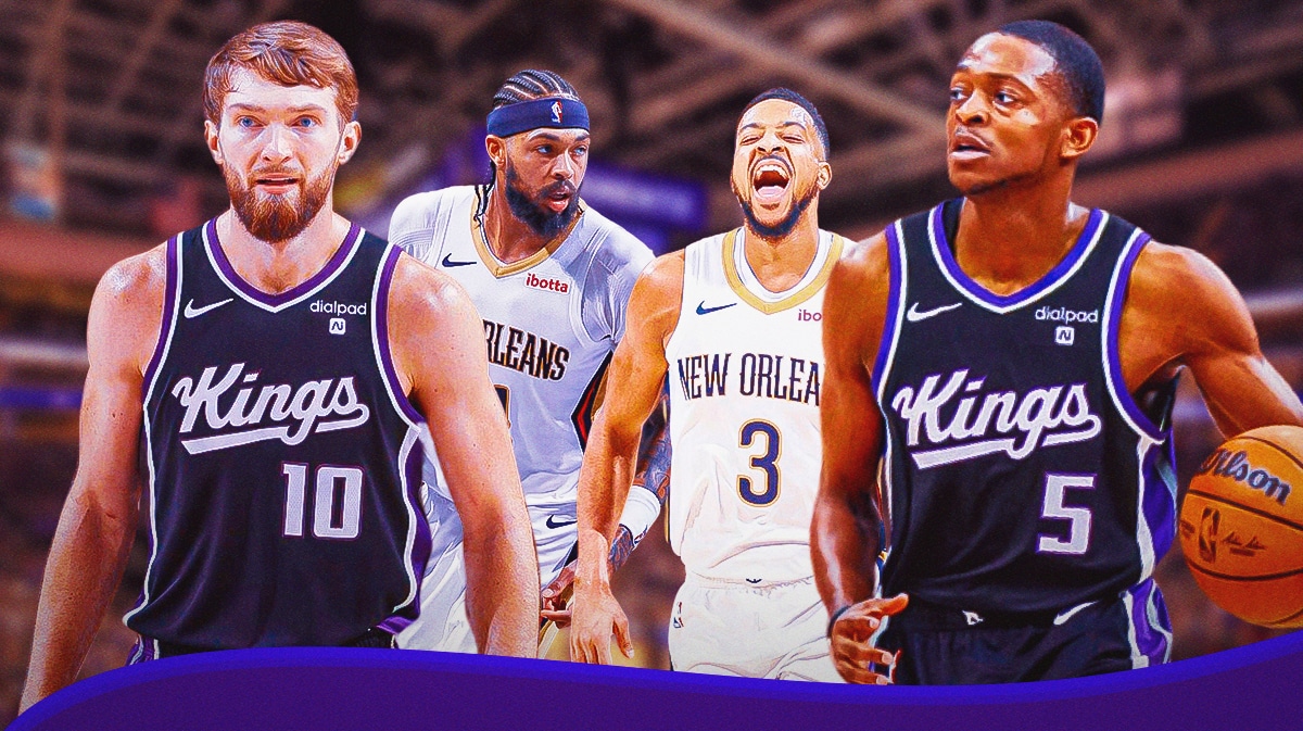 Photo: De'Aaron Fox, Domantas Sabonis in action in Kings jerseys, Brandon Ingram, CJ McCollum in Pelicans jerseys in background