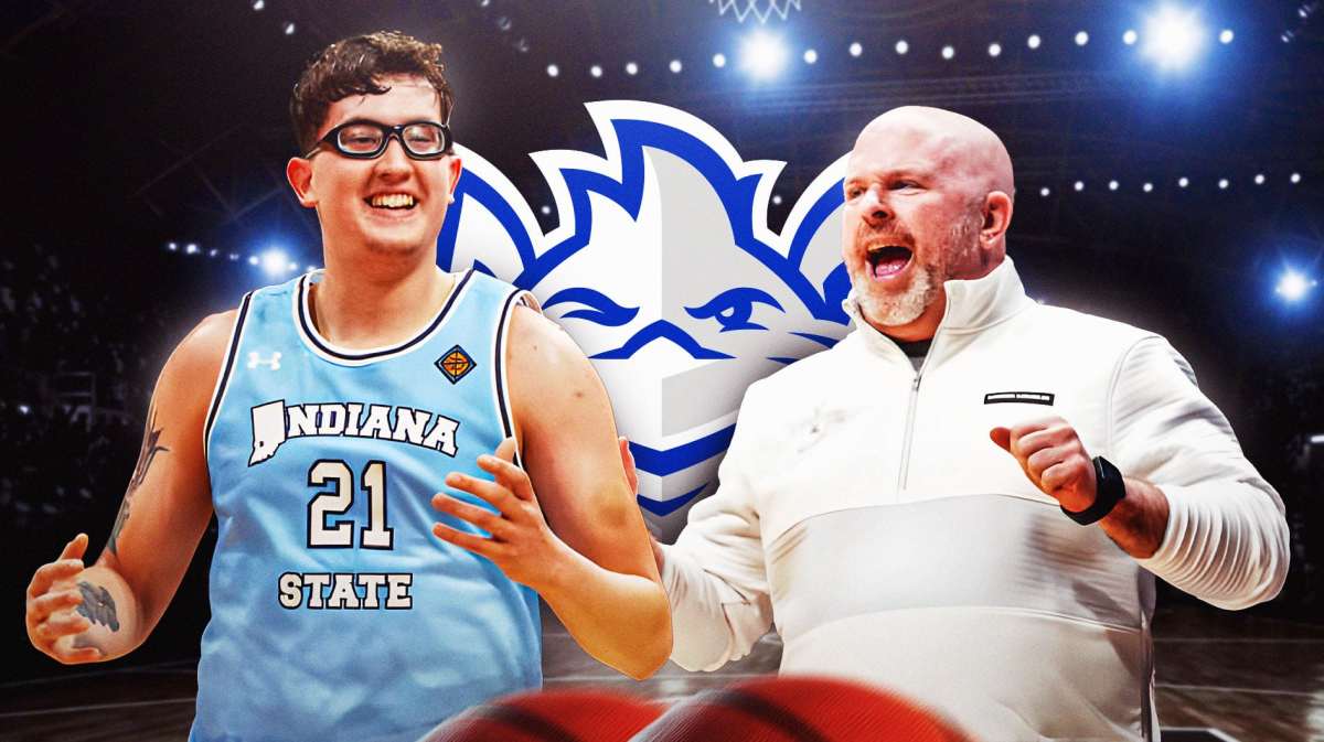 Indiana State basketball's Robbie Avila stands next to Saint Louis, Josh Schertz, transfer portal reporters in background