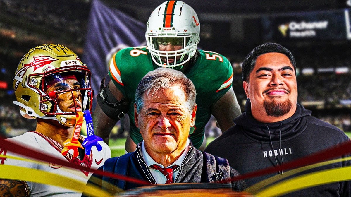 GM Mickey Loomis in the middle, Taliese Fuaga, Keon Coleman, Leonard Taylor III around him, and New Orleans Saints wallpaper in the background