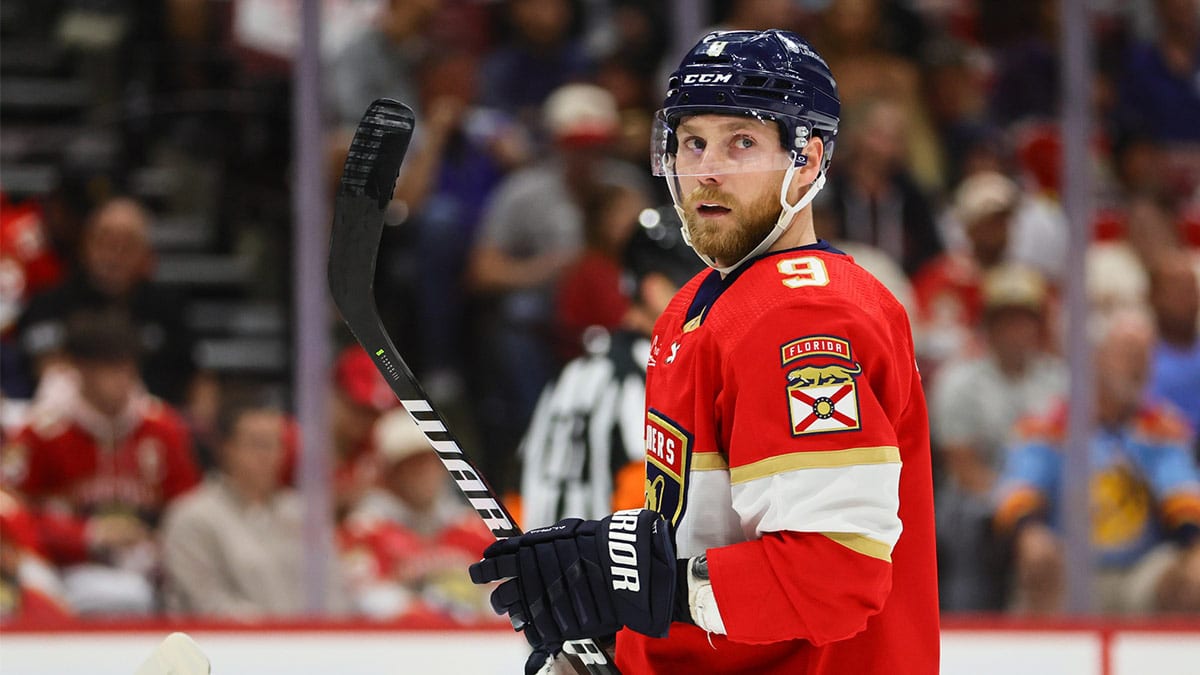 Florida Panthers center Sam Bennett (9) looks on against the Tampa Bay Lightning during the first period in game two of the first round of the 2024 Stanley Cup Playoffs at Amerant Bank Arena.