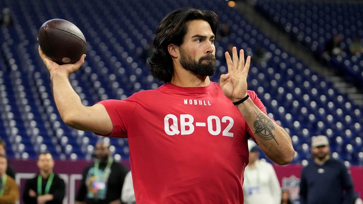 Notre Dame quarterback Sam Hartman (QB02) during the 2024 NFL Combine at Lucas Oil Stadium.