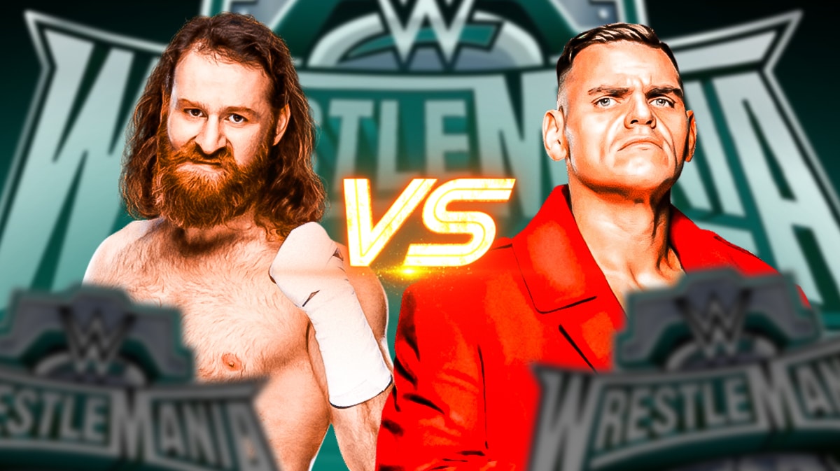 Sami Zayn looking at Gunther with a versus symbol between them and the WrestleMania 40 logo as the background.