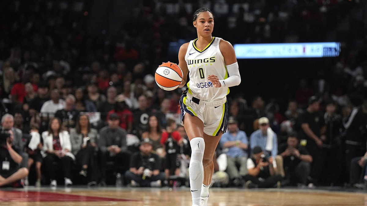 Dallas Wings forward Satou Sabally (0) dribbles downcourt during the first half of game one of the 2023 WNBA Playoffs.