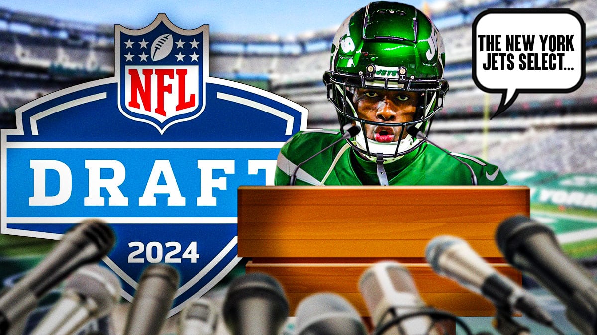 New York Jets cornerback Ahmad “Sauce” Gardner standing behind a podium. There is a speech bubble that says “The New York Jets select…” There is also a logo for the 2024 NFL Draft.