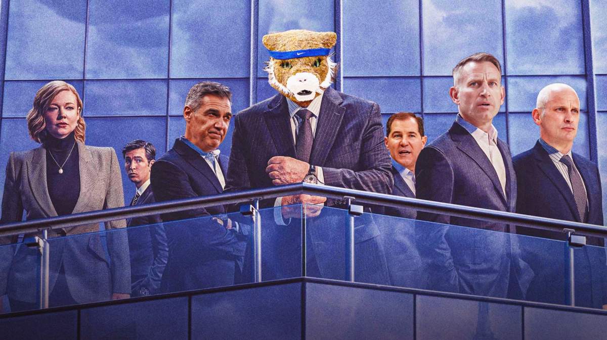 Kentucky basketball mascot as the old man in the middle, then faceswap the following with those of the other characters in the background: Jay Wright (Villanova), Nate Oats (Alabama), Dan Hurley (UConn), and Scott Drew (Baylor)