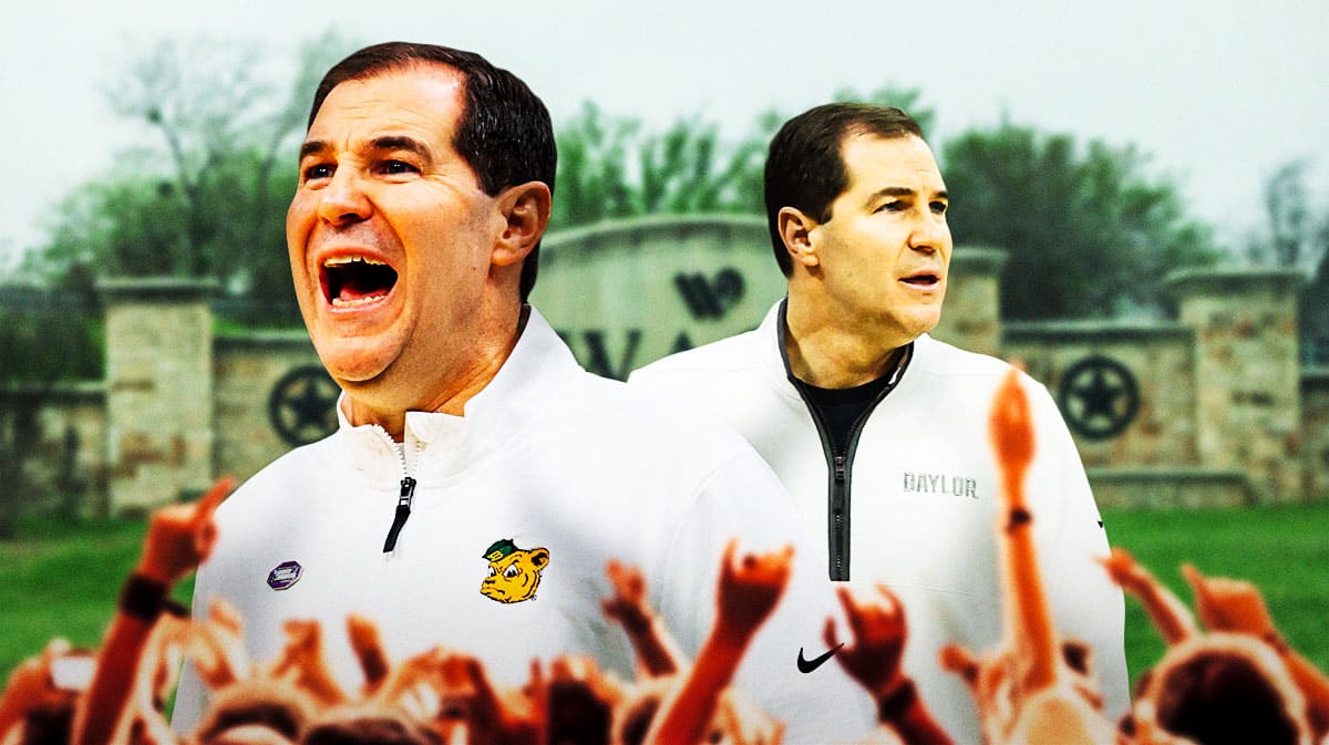 Baylor basketball coach Scott Drew with Waco sign behind amid Kentucky rumors.