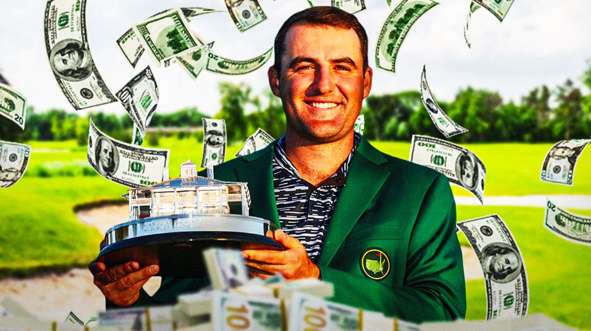 Scottie Scheffler with a green jacket on and money all around him