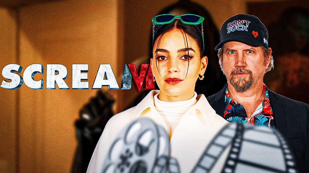Melissa Barrera and Jamie Kennedy with Scream logo.