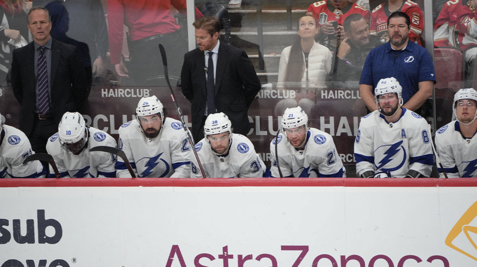 Tampa Bay Lightning looks on trailing the Florida Panthers late in the third period in game five of the first round of the 2024 Stanley Cup Playoffs at Amerant Bank Arena