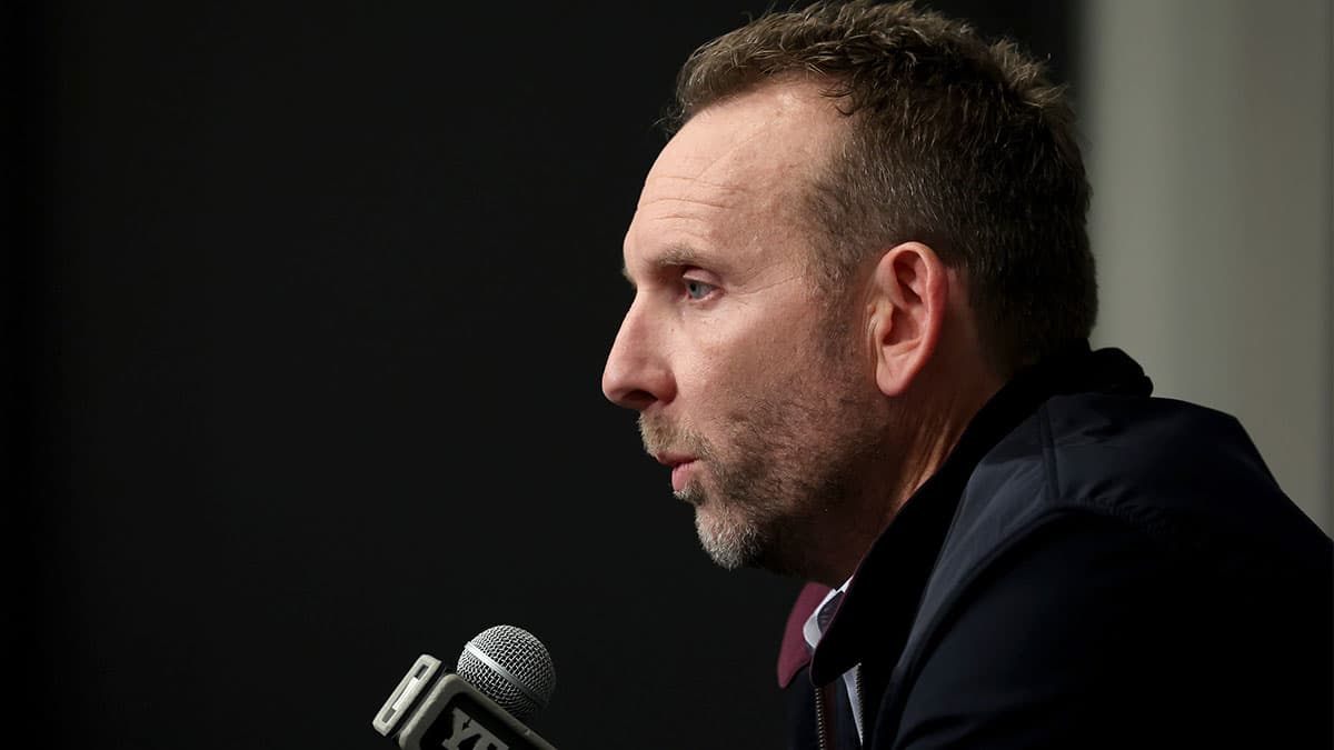Brooklyn Nets general manager Sean Marks speaks during a press conference before a game against the New York Knicks at Barclays Center