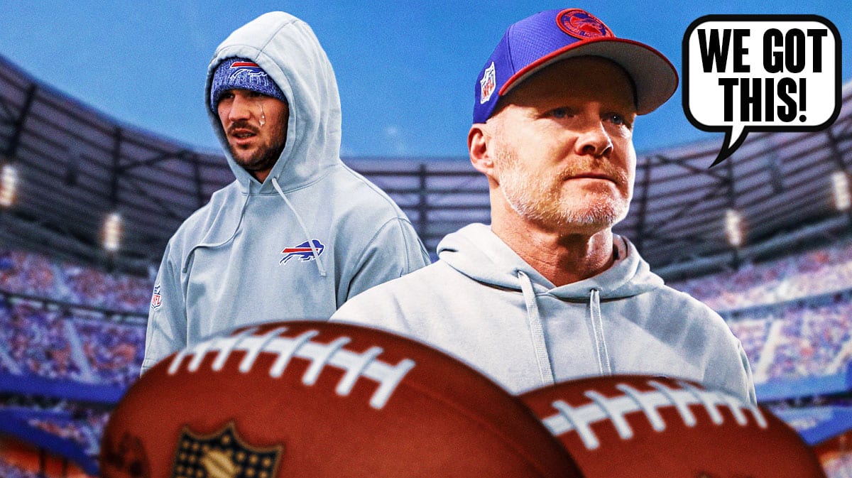 IMAGE; Sean McDermott with speech bubble "We got this!" to Bills QB Josh Allen with tears on his face.