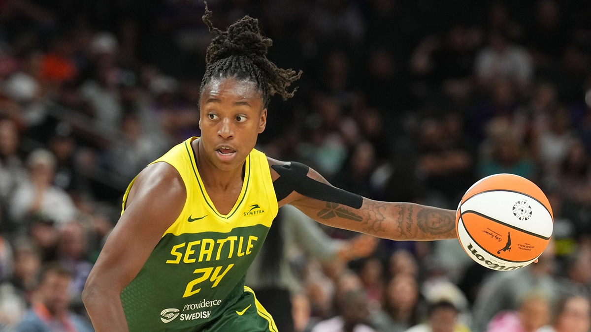 Seattle Storm guard Jewell Loyd (24) dribbles against the Phoenix Mercury during the second half.