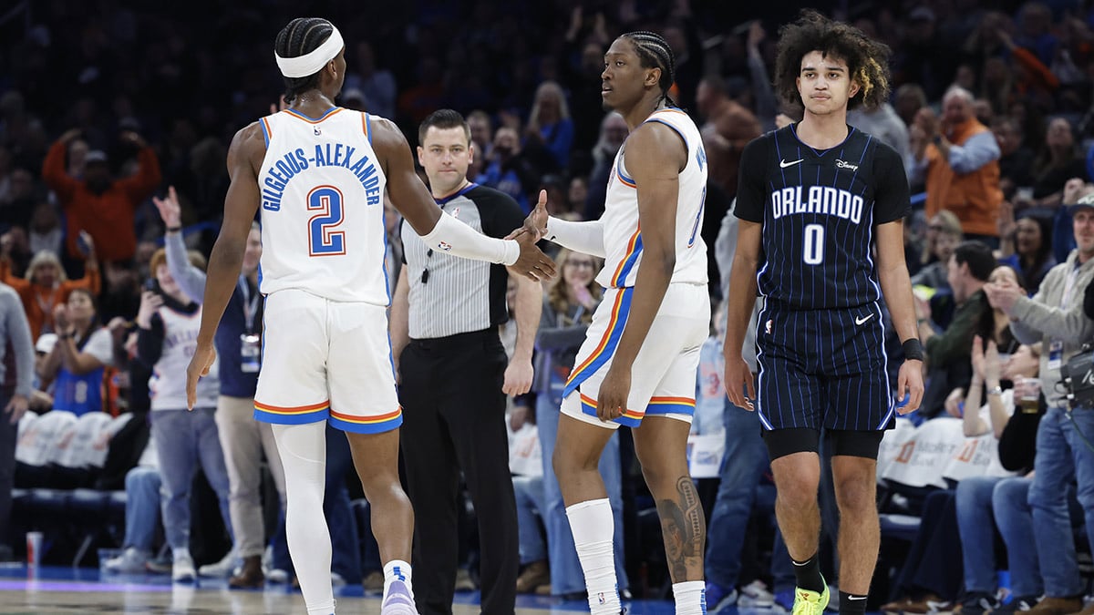 Oklahoma City Thunder forward Jalen Williams (8) celebrates with guard Shai Gilgeous-Alexander (2) after scoring against the Orlando Magic during the second half at Paycom Center.