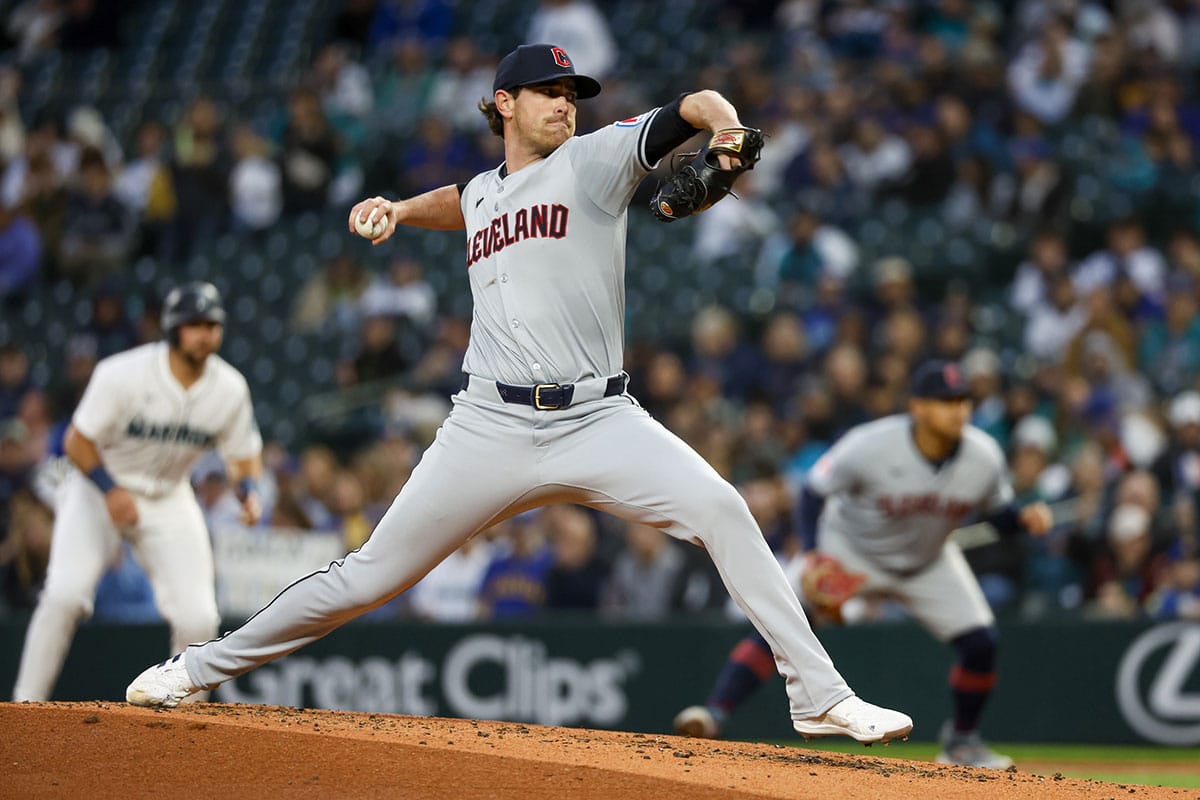 Cleveland Guardians starting pitcher Shane Bieber (57) throws against the Seattle Mariners during the second inning at T-Mobile Park
