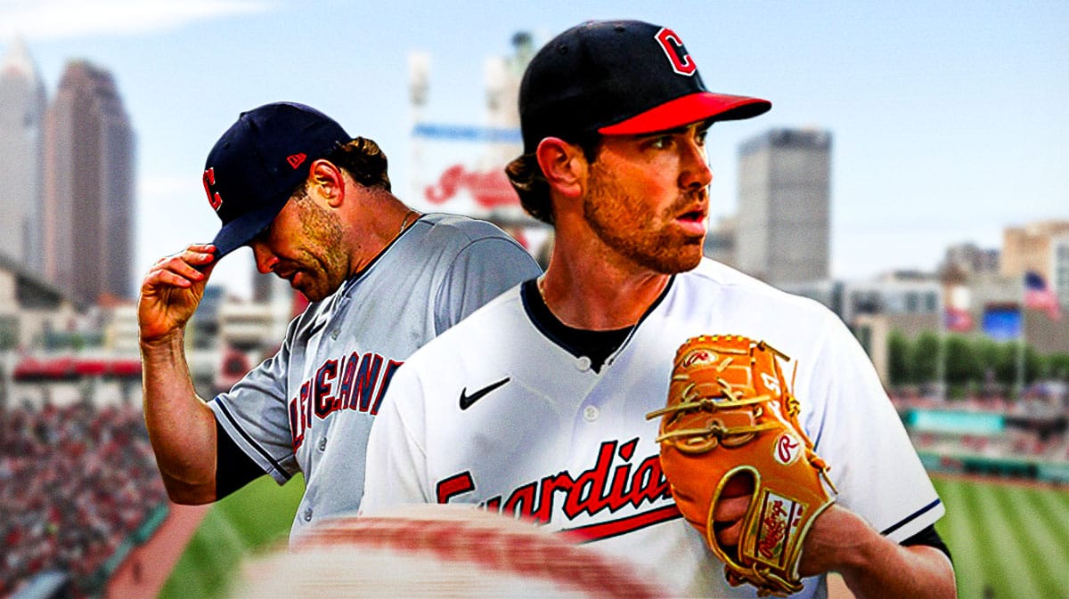 Guardians' Shane Bieber looking serious/sad. Progressive Field background.