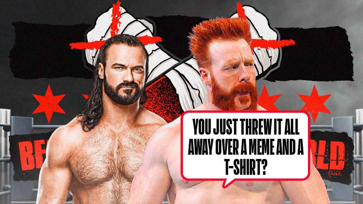 Sheamus with a text bubble reading "You just threw it all away over a meme and a t-shirt?" next to Drew McIntyre with the CM Punk logo as the background.