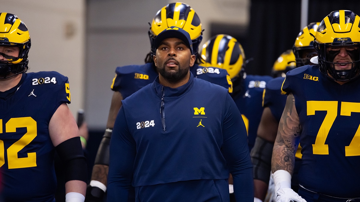 Michigan Wolverines offensive coordinator Sherrone Moore against the Washington Huskies during the 2024 College Football Playoff national championship game at NRG Stadium