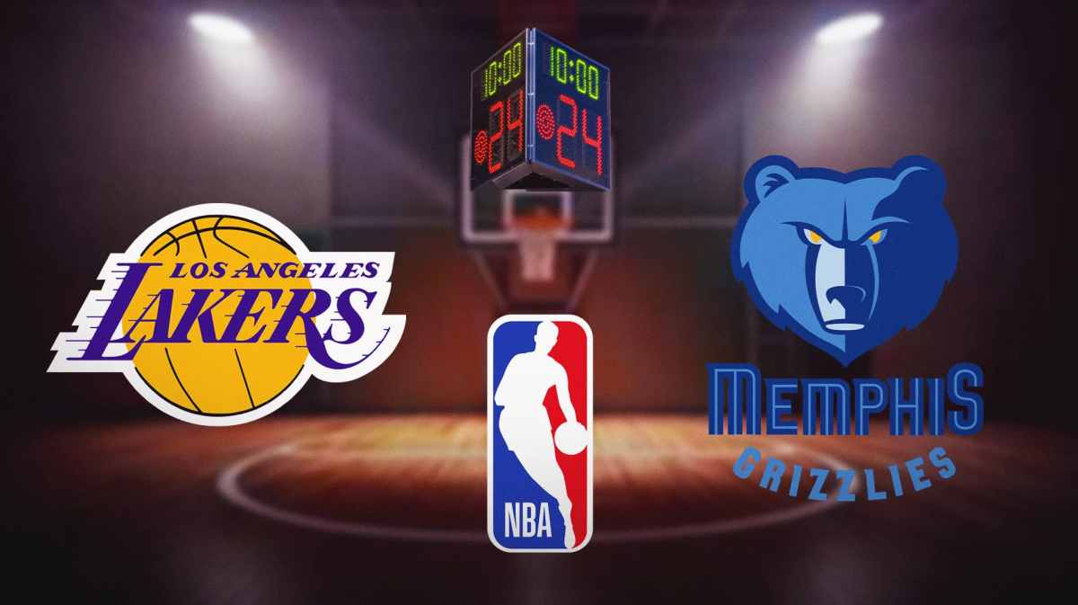 Lakers logo sits next to Grizzlies logo with a shot clock in the middle, LeBron James in stands
