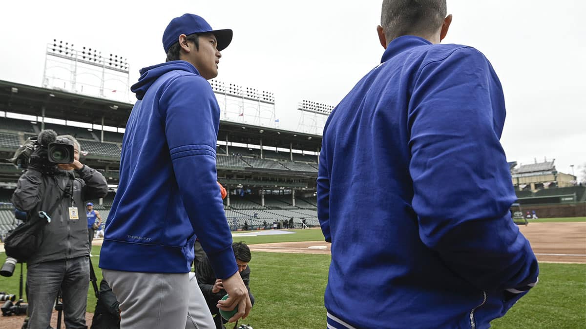 Los Angeles Dodgers two-way player Shohei Ohtani (17) is seen before the game against the Chicago Cubs at Wrigley Field.