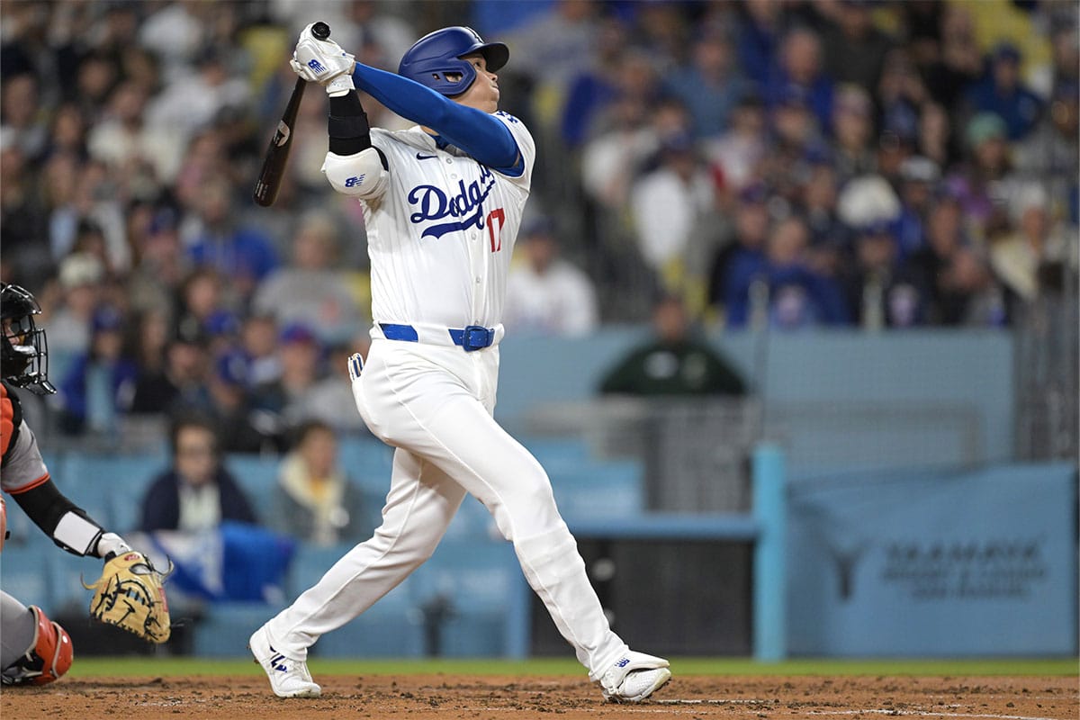 Los Angeles Dodgers designated hitter Shohei Ohtani (17) flies out in the third inning against the San Francisco Giants at Dodger Stadium.