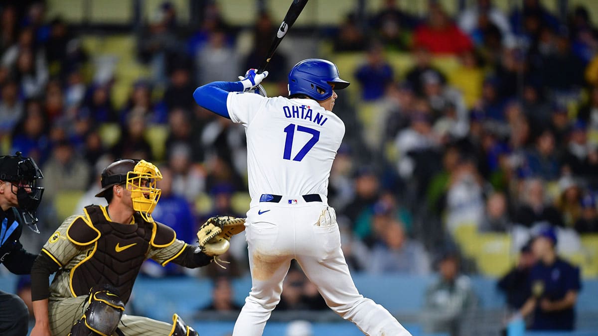 Los Angeles Dodgers designated hitter Shohei Ohtani (17) hits against the San Diego Padres during the fourth inning at Dodger Stadium. 