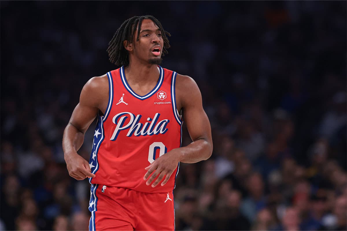 Philadelphia 76ers guard Tyrese Maxey (0) runs up court during the first half during game two of the first round for the 2024 NBA playoffs against the New York Knicks at Madison Square Garden.