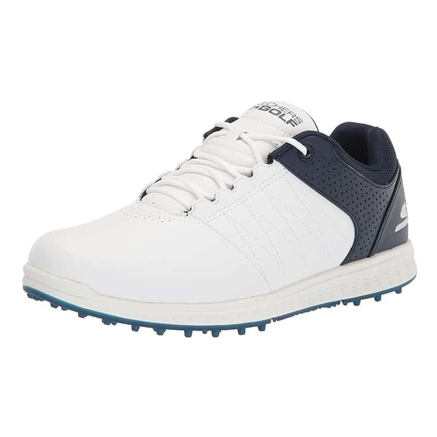 Skechers Men's Pivot Spikeless Golf Shoe - White/Navy colorway on a white background.