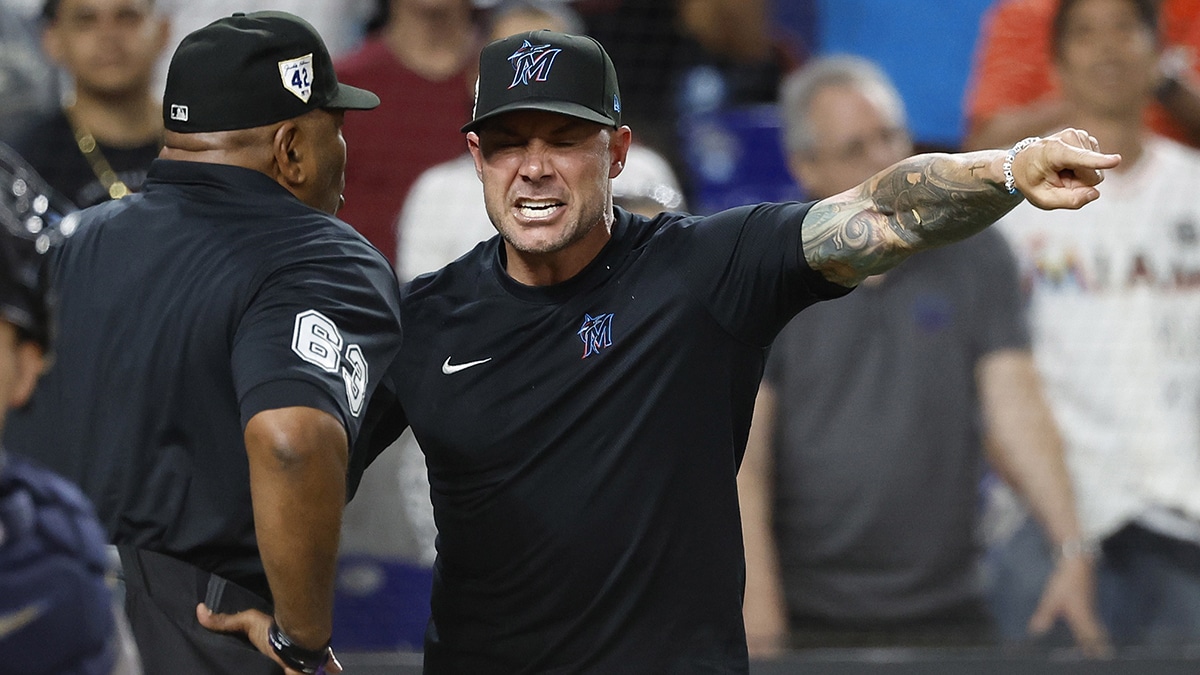 Miami Marlins manager Skip Schumaker (45) argues with umpire Laz Diaz (63) against the San Francisco in the eighth inning at loanDepot Park. All players are wearing the number 42 in honor of Jackie Robinson Day.