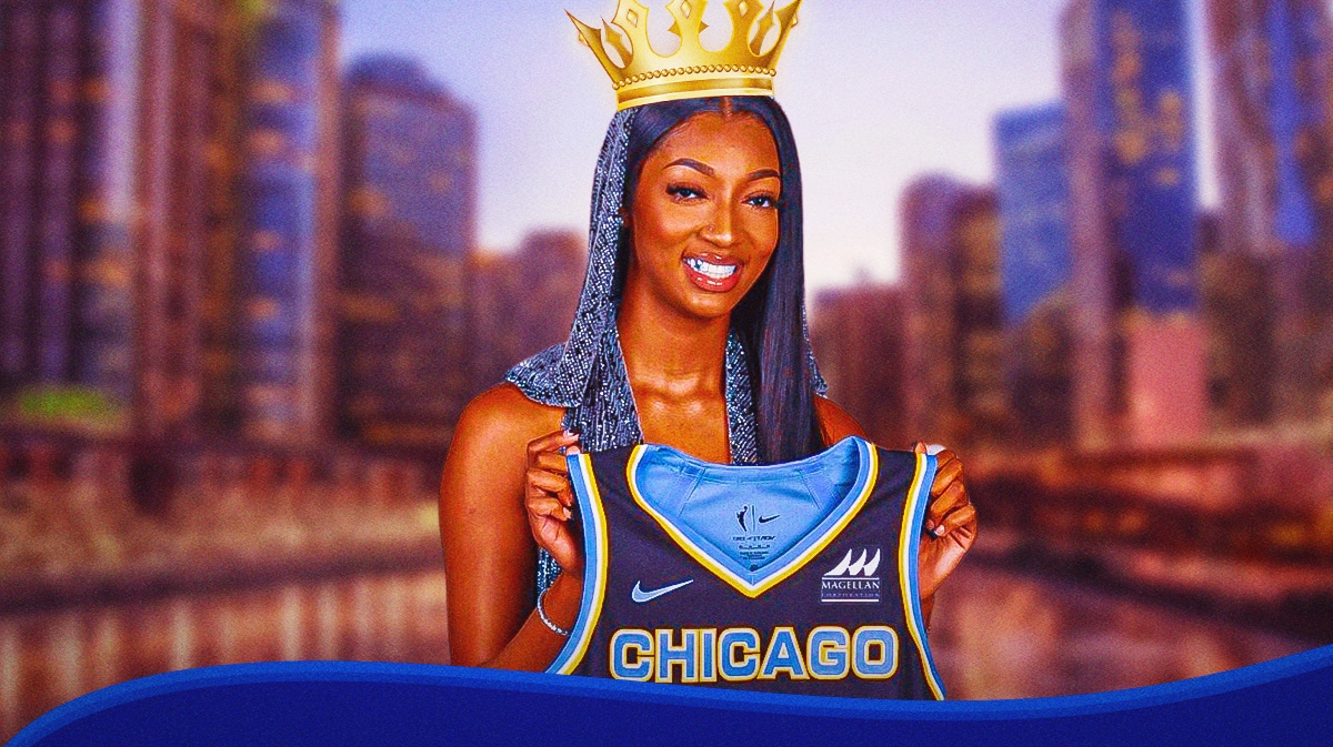 Chicago Sky WNBA player Angel Reese, with a crown on her head and the city of Chicago, Illinois in the background