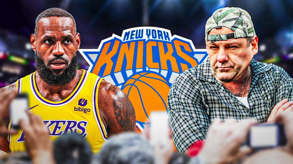 LeBron James and James Gandolfini in front of Knicks logo