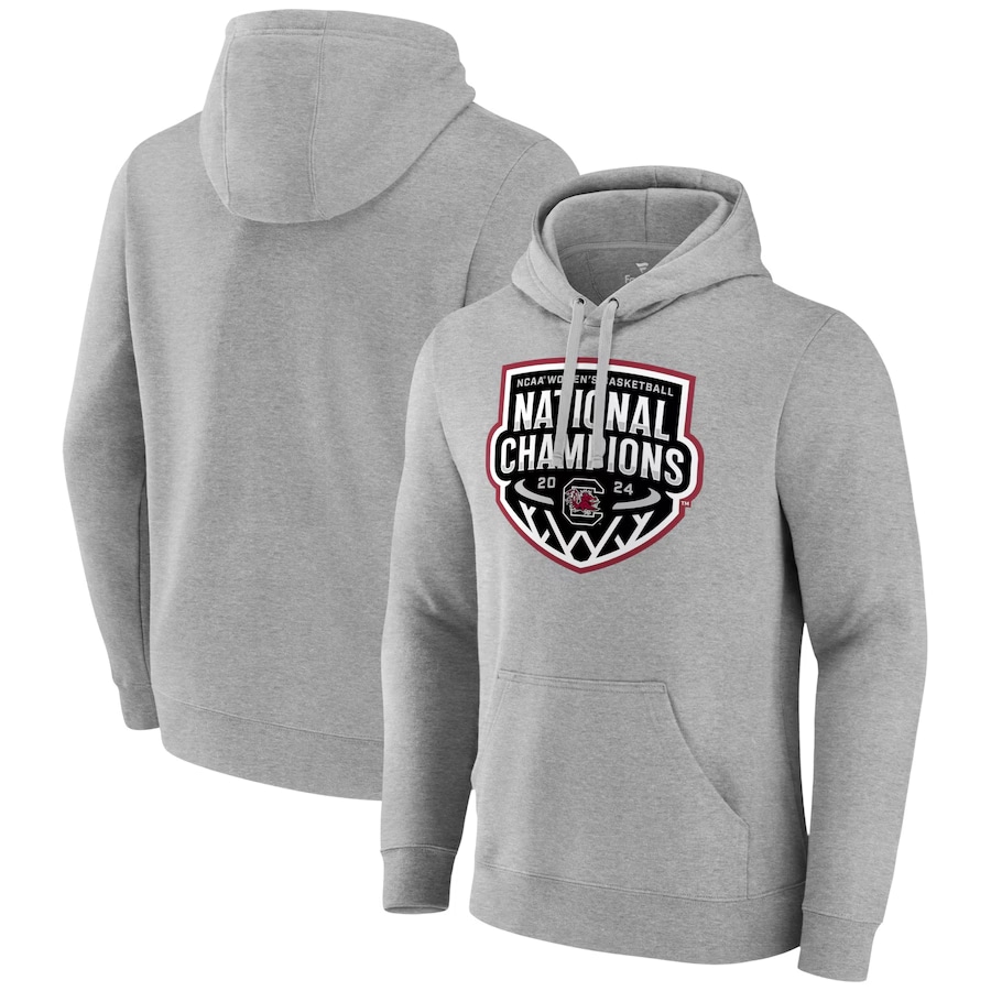 South Carolina Gamecocks Fanatics Branded 2024 NCAA Women's Basketball National Champions Official Logo Pullover Hoodie - Steel gray color on a white background.