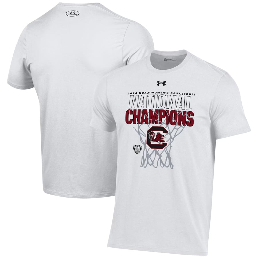 South Carolina Gamecocks Under Armour 2024 NCAA Women's Basketball National Champions Locker Room T-Shirt - White color on a white background.
