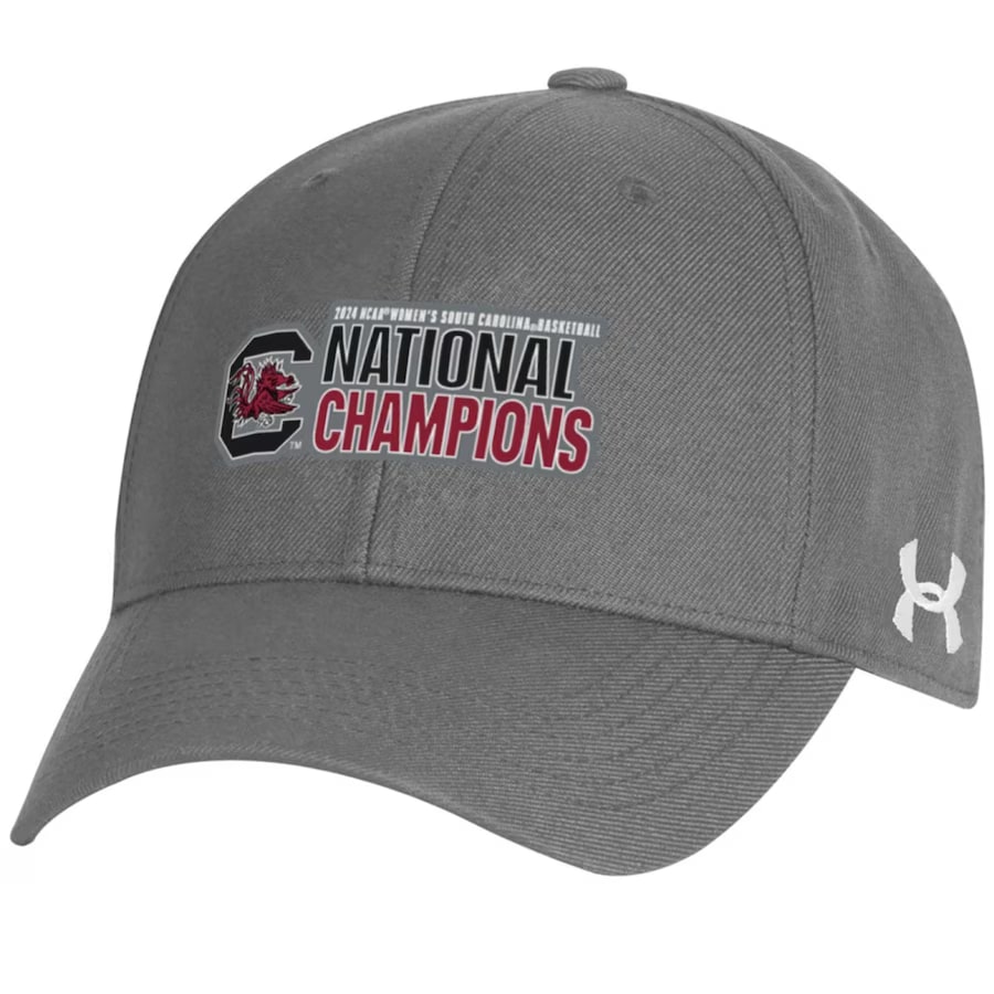 South Carolina Gamecocks Under Armour Unisex 2024 NCAA Women's Basketball National Champions Locker Room Adjustable Hat - Charcoal color on a white background.