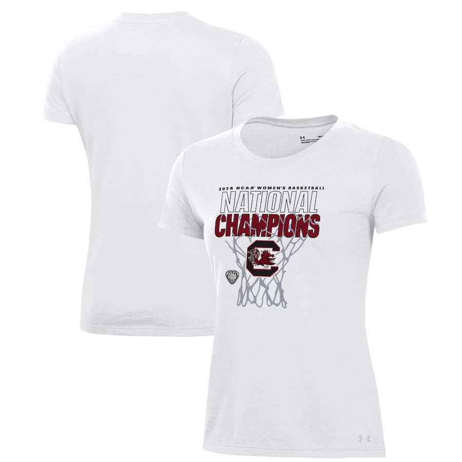 South Carolina Gamecocks Under Armour Women's 2024 NCAA Women's Basketball National Champions Locker Room T-Shirt – White colored on a white background.