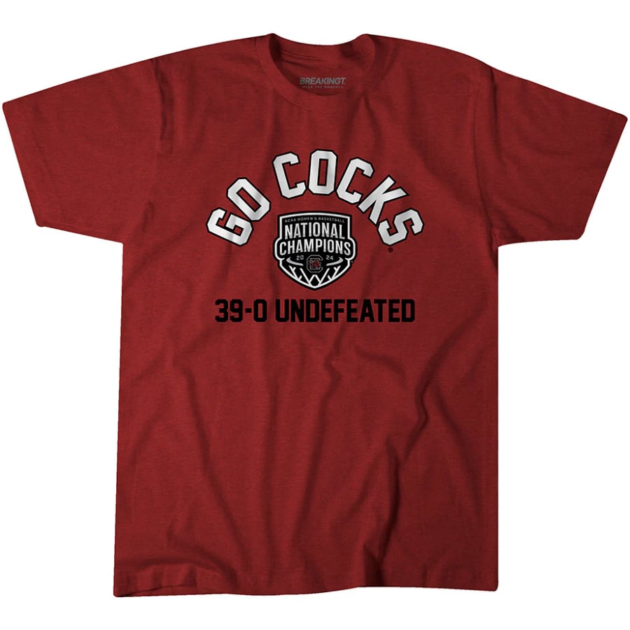 South Carolina Women's Basketball Go Cocks 2024 National Champions T-Shirt - Garnet color on a white background.