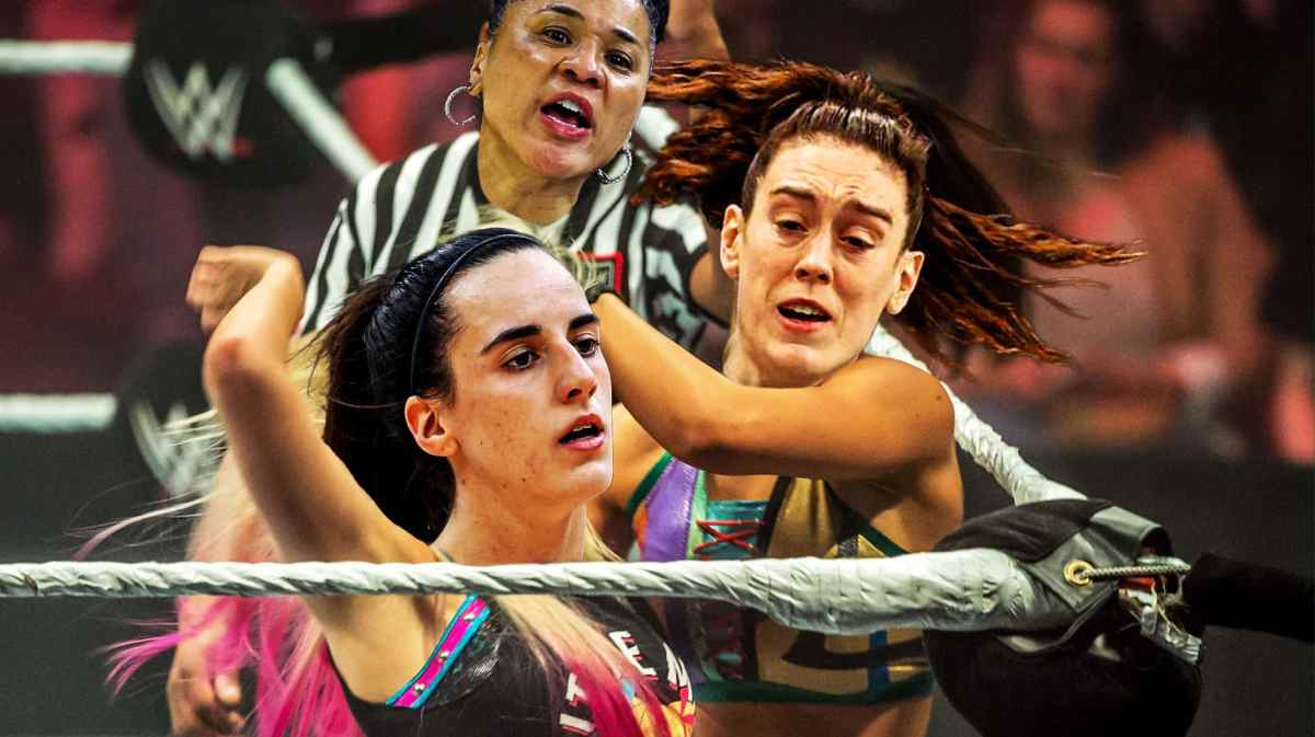 Caitlin Clark as the LEFT wrestler and Breanna Stewart (former UConn star) as the RIGHT wrestler, then Dawn Staley (South Carolina women's basketball coach) as the ref