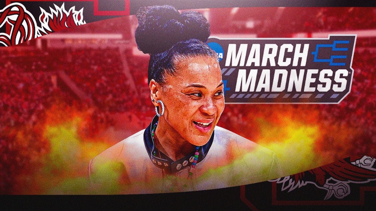 South Carolina women's basketball coach Dawn Staley stands next to March Madness logo, Iowa women's basketball Caitlin Clark on gym floor