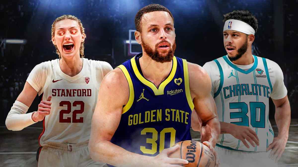 Cameron Brink (Sparks) with woke eyes and and in the middle of Stephen Curry (Warriors) and Seth Curry (Hornets