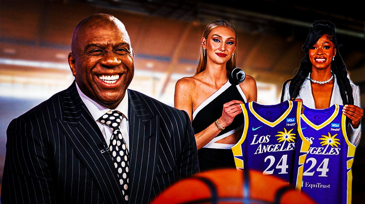 Magic Johnson, with WNBA Los Angeles Sparks players Cameron Brink and Rickea Jackson