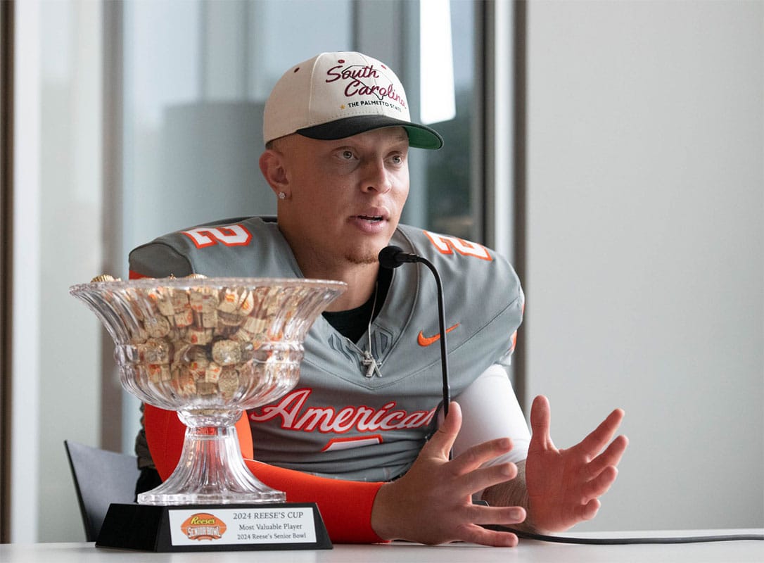 Former Oklahoma/South Carolina QB and game Most Valuable Player Spencer Rattler (2) answers questions during the Reese's Senior Bowl post game press conference