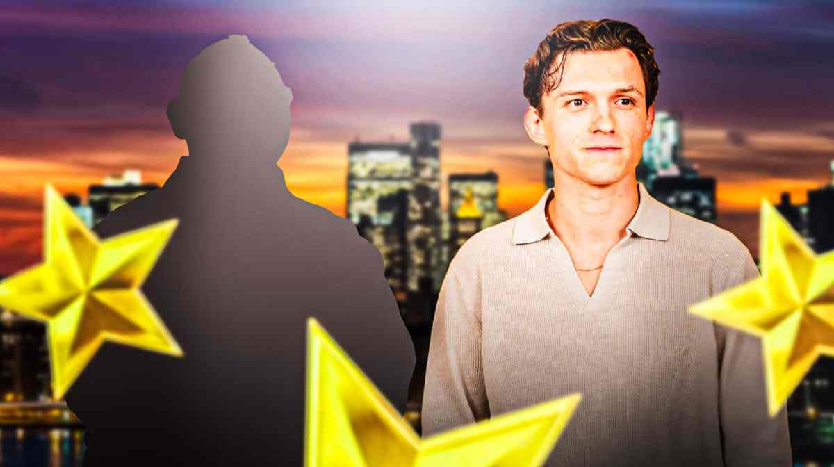 MCU Spider-Man: No Way Home stars Jacob Batalon (as silhouette) and Tom Holland with New York City background.