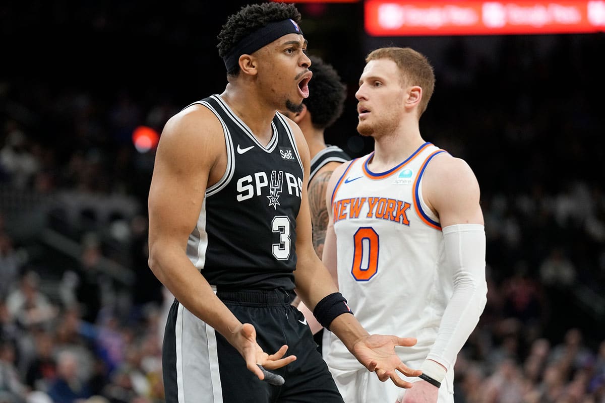 San Antonio Spurs forward Keldon Johnson (3) reacts to a call during the second half against the New York Knicks at Frost Bank Center. 